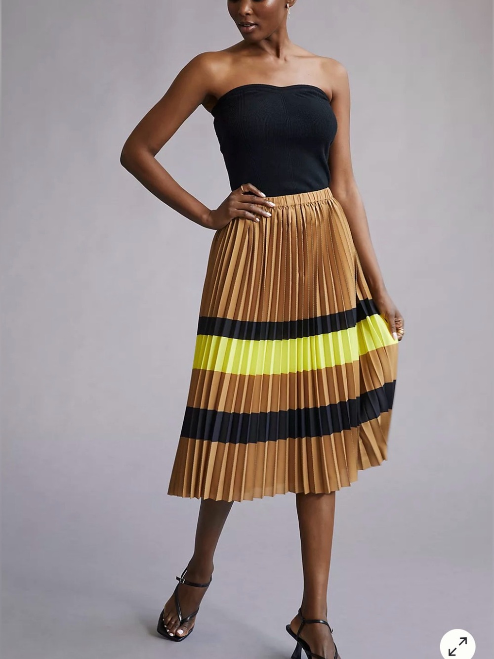 NWOT Anthropologie Maeve Pleated Stripe Midi Skirt Brown Yellow Black Size MP